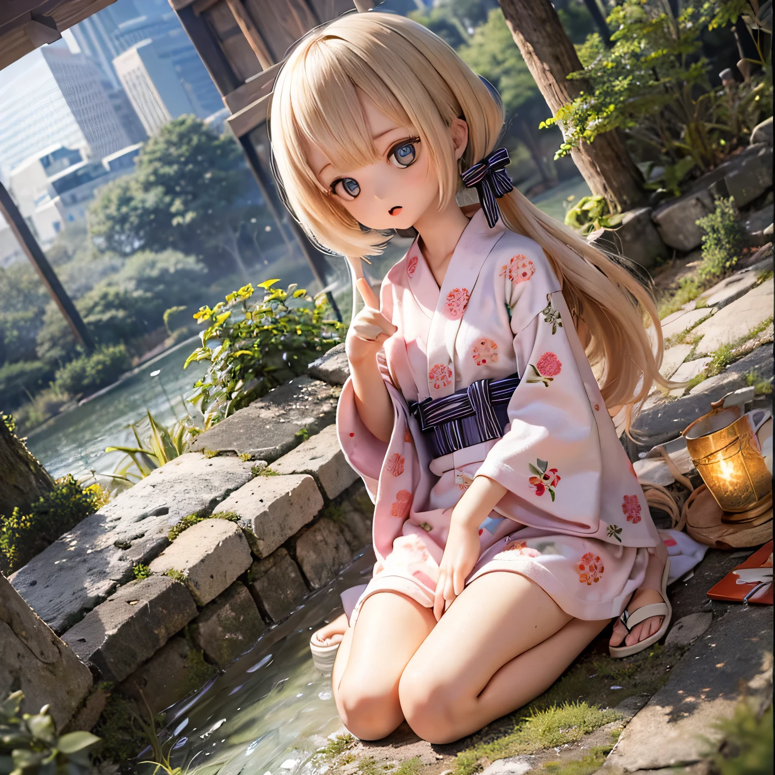 cute girl little man smile sticking out tongue blonde blue eyes white kimono hot spring