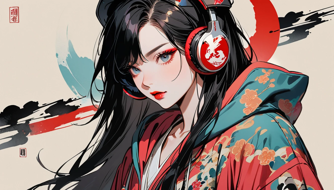 (((Ink Painting))), (((seiza))), (((from below))), (((Flashy makeup))), (((Japanese style headphones))), (((Japanese pattern hoodie))), (((Put on the hood))), (((Electric guitar))), Japan人の美少女, Black Hair, Delicate and precise, Modern ukiyo-e style,Japan, Japanese flag, vivid color