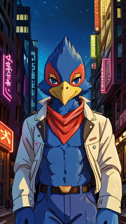 (male, solo, avian, bird), highly insanely detailed, masterpiece, top quality, best quality, highres, 4k, 8k, RAW photo),((innocent look)),((ghibli style)),From the front, symmetrical composition,smile,cute,Innocent,Kind eyes,Flat chest,digital art Style, night, city, tokyo, street, akihabara, neon lights, (falco lombardi), front view, Upper body, safe, clothed, anthro, beak, blue body, blue feathers, blue eyes, feathers, male, neckerchief, wearing jacket, topwear, bottomwear, uniform, 