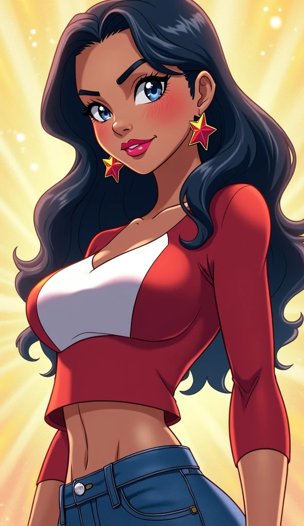 MariaRivera, long curly black hair, domino mask, green eyes, dark skin, silver sombrero, red lipstick, medium breasts,red cape, star (symbol), silver leotard, silver elbow gloves, silver thighhighs, heels, looking at viewer, smiling, full body shot, standing, hands on hips, outside, park, trees, blue sky, high quality, masterpiece, <lora:MariaRivera:.7>