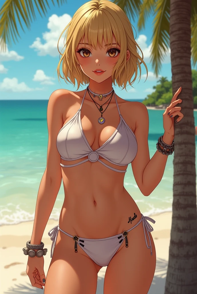 Please follow all prompts below exactly and faithfully. This is a breathtaking masterpiece of digital illustration, with maximum resolution, UHD, 512K, 2160p, 10 million ppi, 300 million dpi, natural color tones, ultra sharp details, perfect outlines with contrast, **most realistic skin and hair textures**, most beautiful detailed eye features, perfect anatomically correct human body, beautiful background with depth, rule of thirds, depth of field, Maximize all element is used to its full potential to create the best digital illustrations, looking back, from behind, 1woman, sexy:1.5, beautiful face sharp, elegant woman, perfect body style, slender, beautiful big breasts, green eyes, blonde hair, hair over one eye, short hair, glossy very thick lips:0.7, pink lipstick:0.7, smile, (bikini:1.5),neckless:1.5, earring, bracelet, (on the beach:1.5),