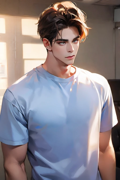 (Best quality,4K,8K,a high resolution,masterpiece:1.2),ultra detailed,(realistic,photorealistic,photo-realistic:1.37),3 man,Beautiful anime,portraits,strong,masculine,dark hair,Sharp jawline,Mesmerizing eyes,Perfectly styled hair,confident expression,bright colors,dynamic lighting,Brown eyes,(Black T-shirt),(dark skin),((mature man, man 40 years old)), (square jaw), CEO, Office Background