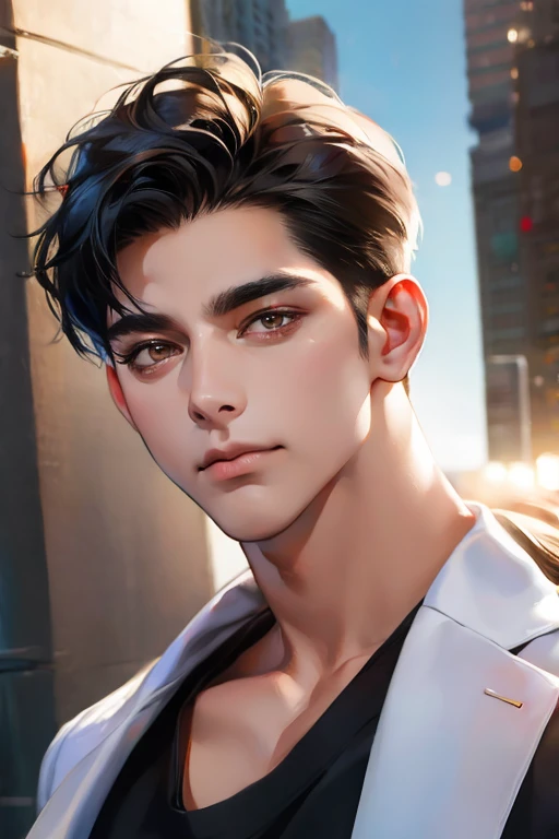 (Best quality,4K,8K,a high resolution,masterpiece:1.2),ultra detailed,(realistic,photorealistic,photo-realistic:1.37),3 man,Beautiful anime,portraits,strong,masculine,dark hair,Sharp jawline,Mesmerizing eyes,Perfectly styled hair,confident expression,bright colors,dynamic lighting,Brown eyes,(Black T-shirt),(dark skin),((mature man, man 40 years old)), (square jaw), CEO, Office Background