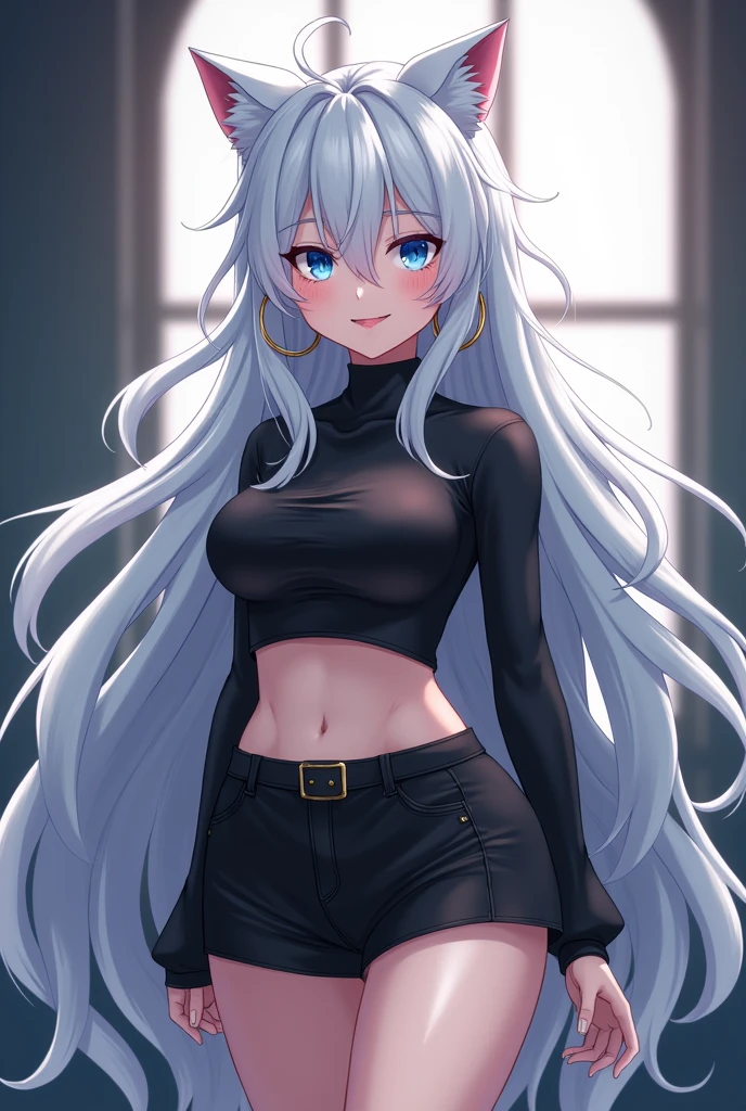 Big breasts, 1woman, ((long dark white hair and curly hair over one eye)), blue eyes, black sweater, blush, smile, solo, ((best quality)), ((masterpiece)), portrait ( (detailed)), ((perfect anatomy)), ((detailed art)), ((high definition)), ((4k)), ((high resolution)), inside room, flirting with viewer, shy smile , Sensual, wide hips
