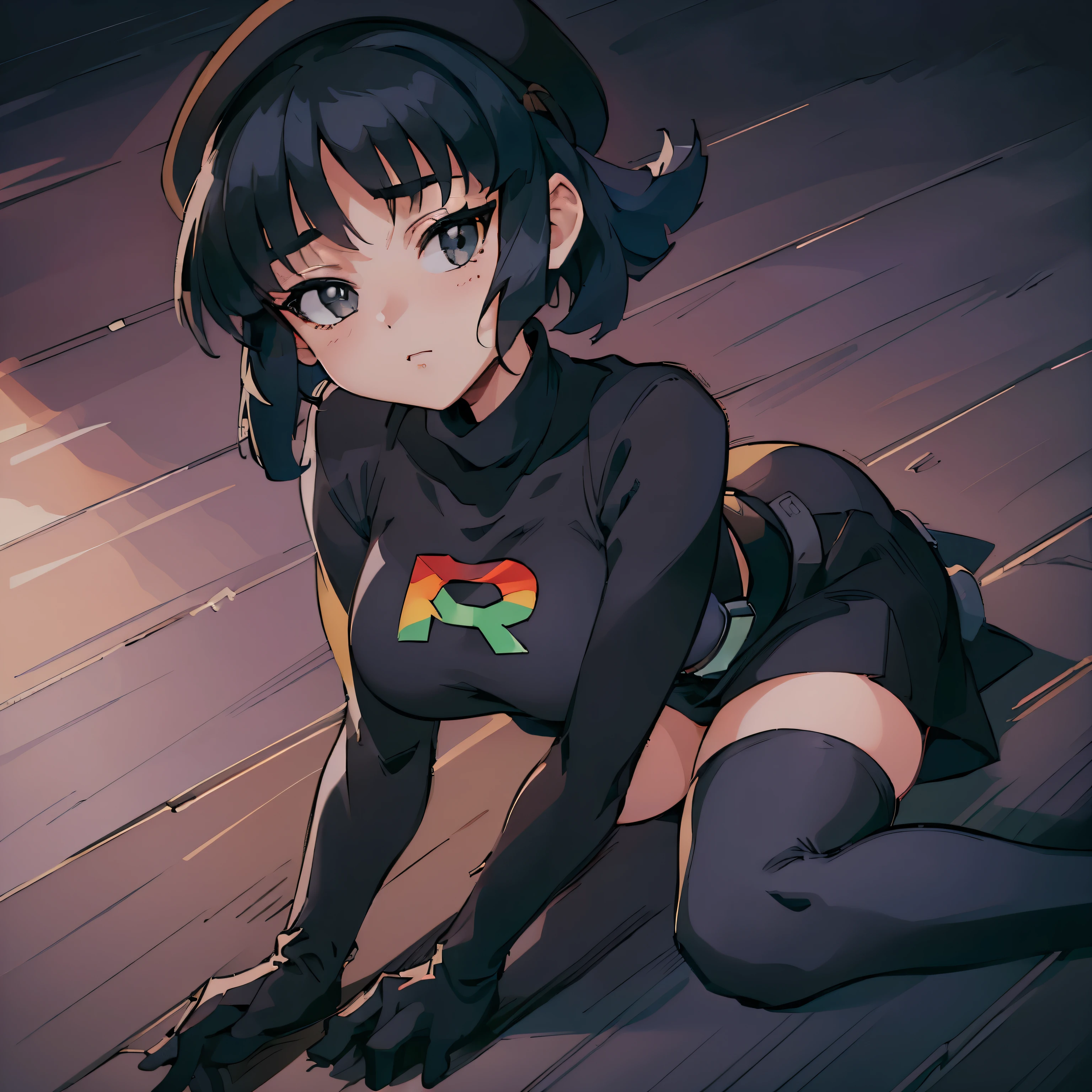 (insanely detailed, beautiful detailed face, masterpiece, best quality), ((masterpiece)),((best quality)),(highres), bokeh, Costum_team_rainbow_rocket_grunt_ownwaifu, black headwear, grey gloves, black dress, short dress, belt, grey belt, zettai ryouiki, long sleeves, elbow gloves, cabbie hat, covered navel, looking at viewer, solo, 1girl, cowboy shot, rinbogrunt, team rainbow rocket uniform,hat,belt,white gloves,black turtle neck,long sleeves, black miniskirt,thick, large breast, huge breast, black eyes, black hair, short hair, (((lying down, lying down on floor)))