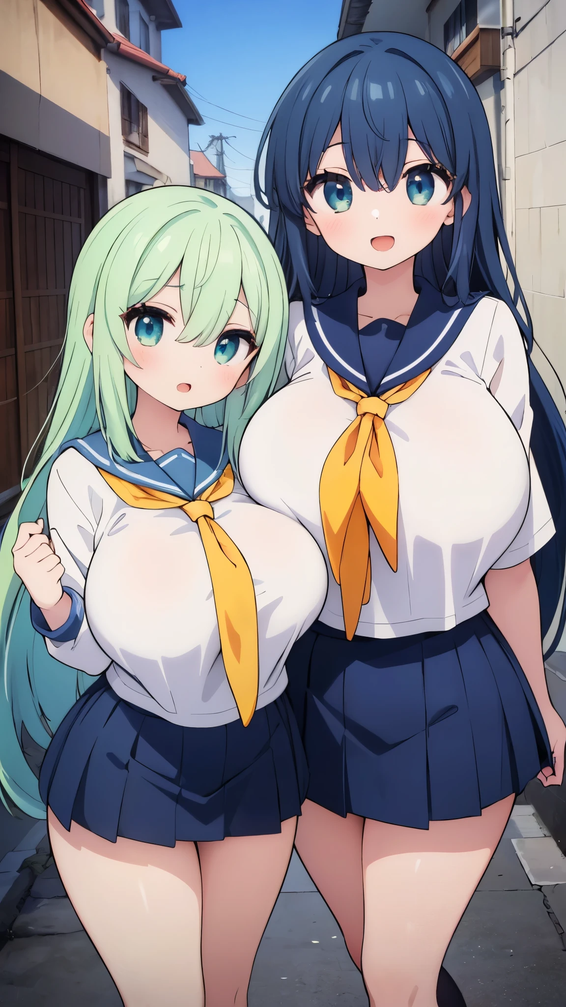 ((Two Pretty high school girls with super colossal breasts standing Alongside:1.2)), ((pressing their breasts each other:1.3)), ((wearing the sailor suit and the navy skirt)), Baby face, 2 girls, ((master piece, top-quality, ultra-definition, high resolution)), anime, ((ultra-detailed illust:1.2)), bangs, hair between eye, green colored hair, beautiful hair, random colored eyes, Shiny eyes, ((highlights on the eyes)), ((detailed eyes:1.2)), ((super gigantic breasts:1.3)), huge tits, Soft breasts, Big smile, enjoyed, opened mouth, in the alley, morning