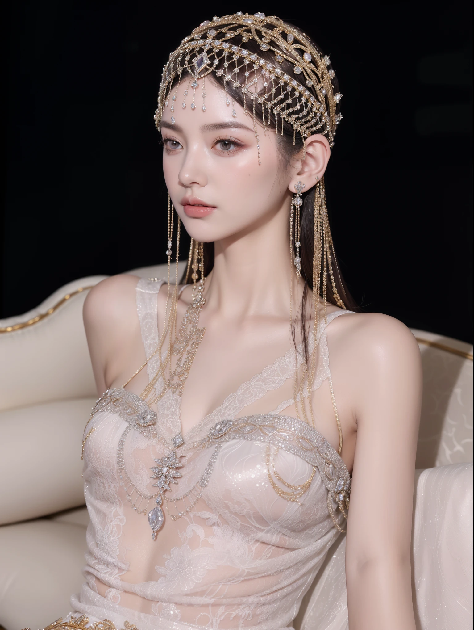 highest quality、masterpiece、超A high resolution、16K photos、(Yellow Dragon Armor)、(((big breasts)))、(((a large flower ornament))),(((Micro bikini with attention to detail))),(wears a beautiful crown made of precious stones),(Photoreal:1.4)、RAW photo、1 girl、(((random hair))、(((take various poses)))、glowing skin、(((white dragon)))、intricate and gorgeous hair ornaments、(Looks like a gorgeous jewelry necklace)、(whole body angle)、(fight big dragonet bikini)、((beautiful sea background)),(beautiful sea background)、((Super realistic details))、Portrait、global illumination、(sexy pose)、Shadow、octane rendering、16K、big breasts、Raw skin exposed in the cleavage、Metal、intricate decorative details、Japan details、very intricate details、blue eyes、Eyes shining towards the camera、two stock、(whole body angle)、(veil)、(((heavy big))),((she is wearing a beautiful jeweled bangle.)),