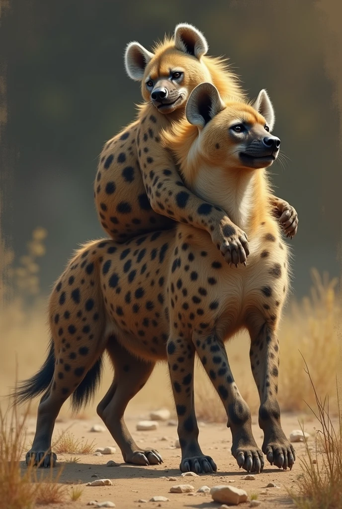 photorealistic, duo, ((((feral hyena, perching position, hyper penis with feces, anal, hyena standing on hyena hips, dominant hyena, submissive hyena)))), hyper realistic, cinematic colors, cinematic lighting, incredible detail, 16k resolution, award winning photography, ((((feral)))), rear view, (((( perching position))))