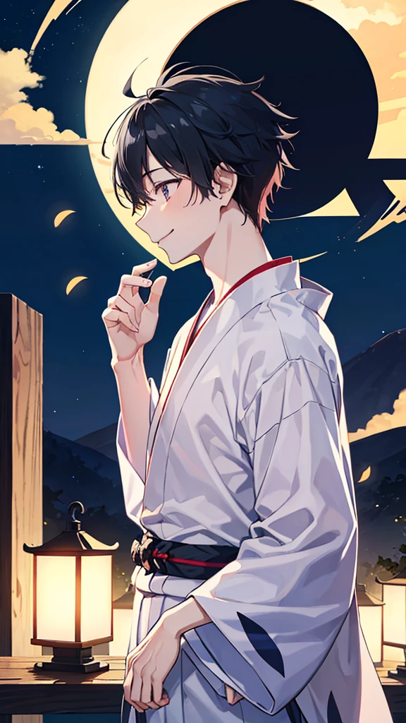 Yuji Itadori, Jujutsu Kaisen character, sitting on the roof of his house, smoking a cigarette, looking lost in the stars. Full moon illuminating the face, thoughtful expression. Night scenery with scattered clouds. artwork style: sleeved, Dark tons, 真实感.
