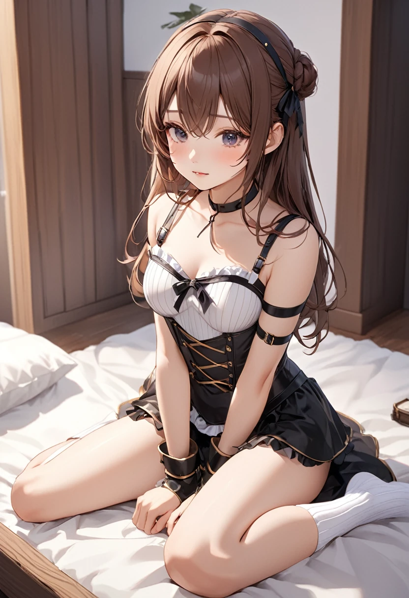 (art, best quality, ultra-detailed, high resolution, 4K),(beautiful detailed eyes),(very detailed face),(1 girl),HDR, long hair, medieval brown shorts, green eyes, brown hair, long hair, a gray stripe on bangs, elf ear
Looking at the public, Black suspenders, Medium and protruding breasts,　　　　　　wall, mini skirt, garter belt, garter, view, small face, holster, Beautiful woman, Show your hand, Lying on the bed, side teasing view, arm, belt, summer, Armpit sweat