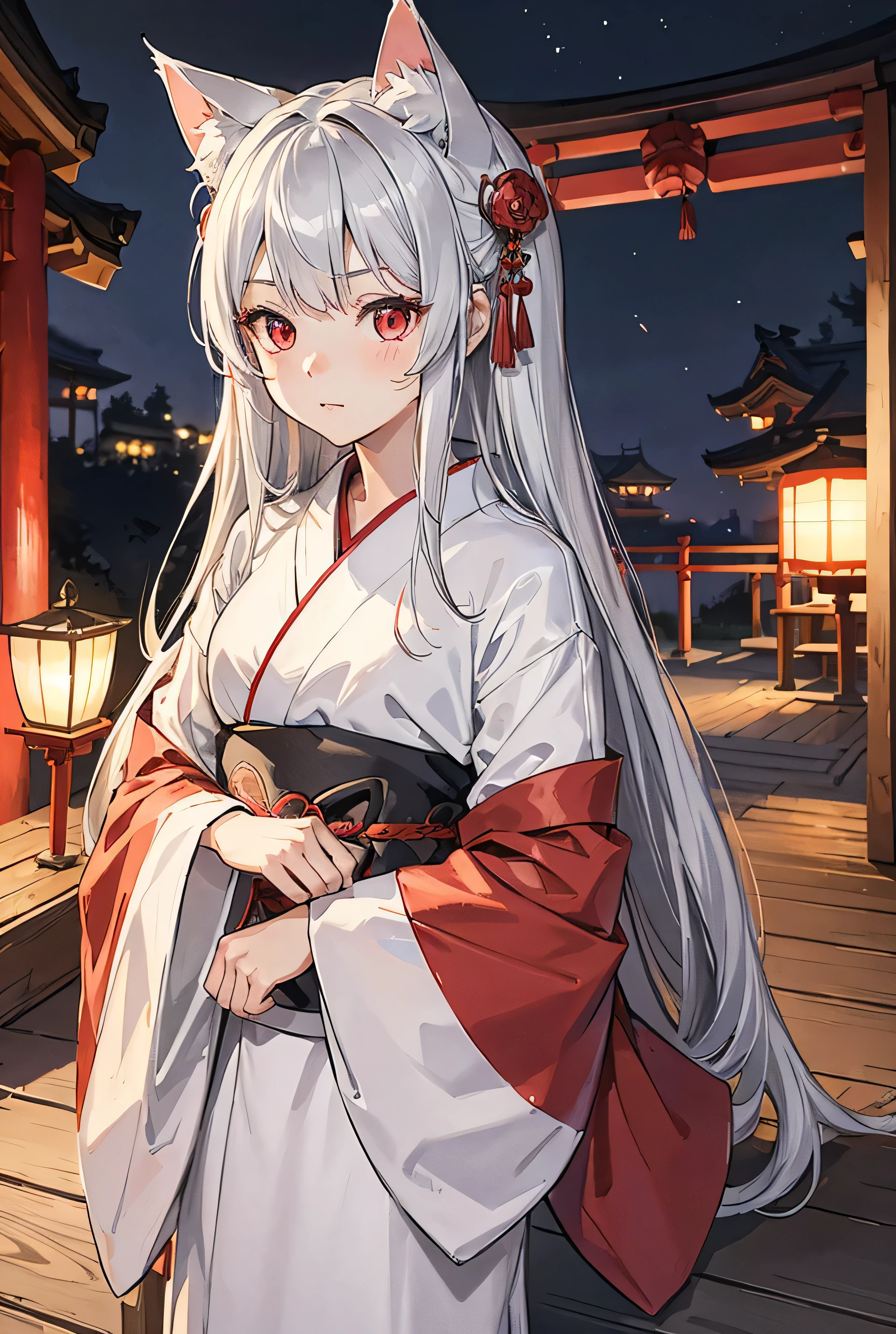 One Girl, Long Hair, Sleepy face, Silver Hair, Red Eye, White kimono, Shrine at night, Best Quality, High Resolution Model, Cat ears, Overlooking,
