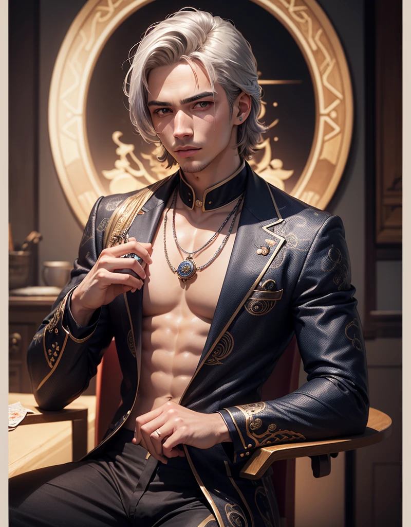 man, abs, male, male face, attractive, thin, ((1man)), masterpiece, sitting, cool pose, clothes ((steampunk)), absurd details, best quality, intricate details, (shiny skin, shiny body, shiny skin,, bright hair, pale skin tone), old castle, sunset, attractive, adult, one, don't look at the sight, don't look at the view, don't look at the view, hair mane black, perfect detailed face, perfect detailed hands, blue eyes, ((MLS)), medium large outbreak