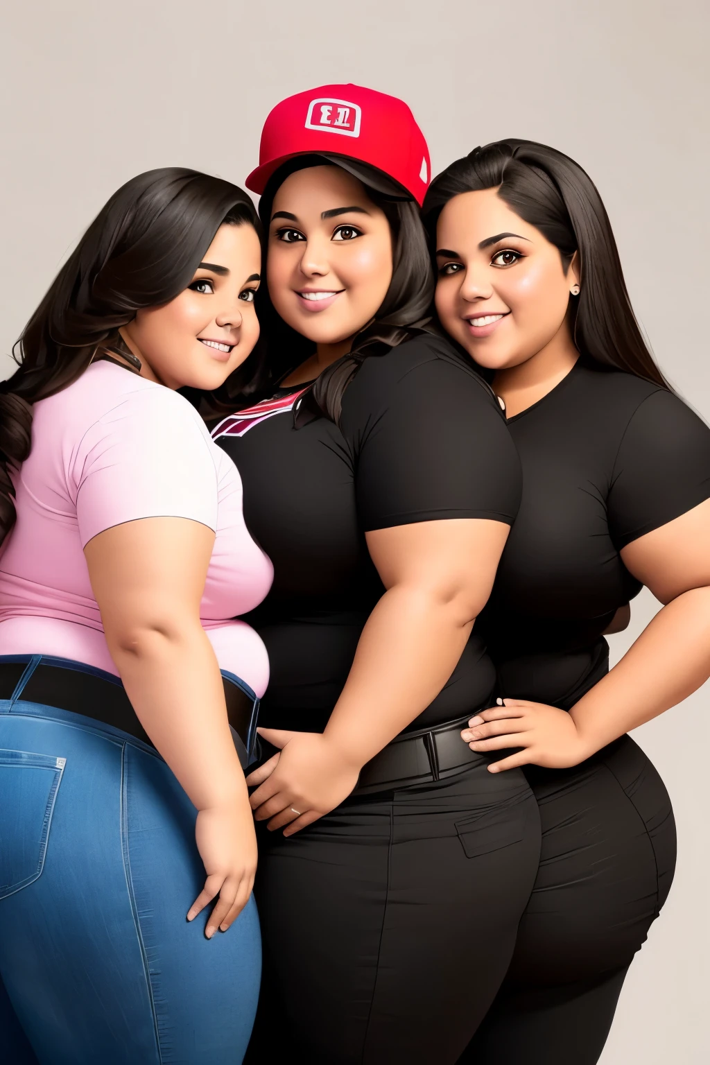 Chubby fat bbw nerdy latina young woman (20 years old), chubby belly, long straight black hair, wearing silk white shirt, Golden necklace, busty, satin, satin pants black leather, leather pants, talking with several men, 4 men, in a starbucks