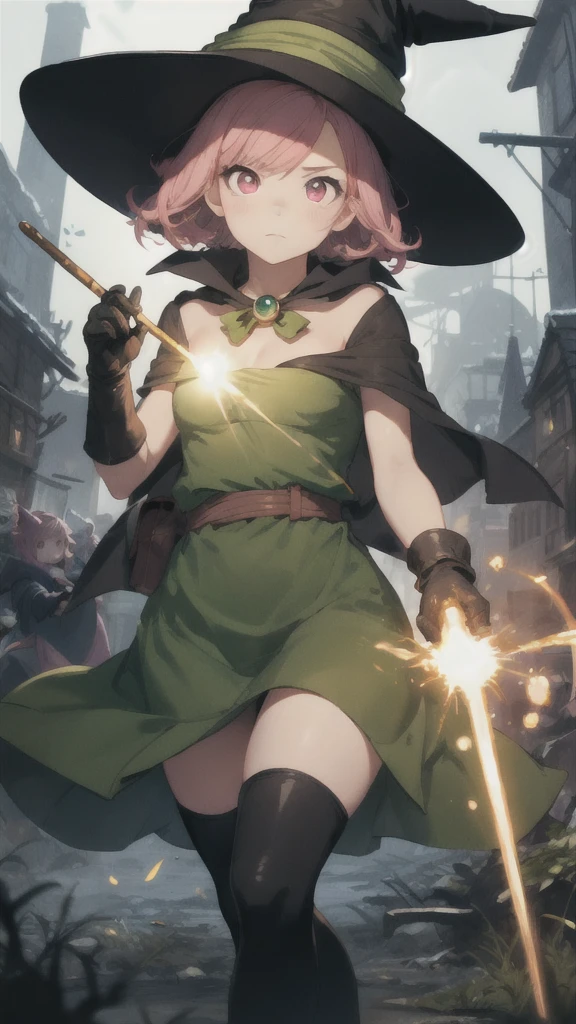 AS-Young V2, (8k, masterpiece, Best Quality, High resolution), Fantasy, cute顔, cute, Very big eyes, Aesthetic anime eyes, Small Face, Wizard \(dq3\), Short Hair, Pink Hair, Red eyes, Large Breasts, witch hat, gloves, green dressオレンジのマント, staff, witch, Contempt, battlefield, Finding, Casting a Spell, Particles of light, wasteland, One girl, Alone,