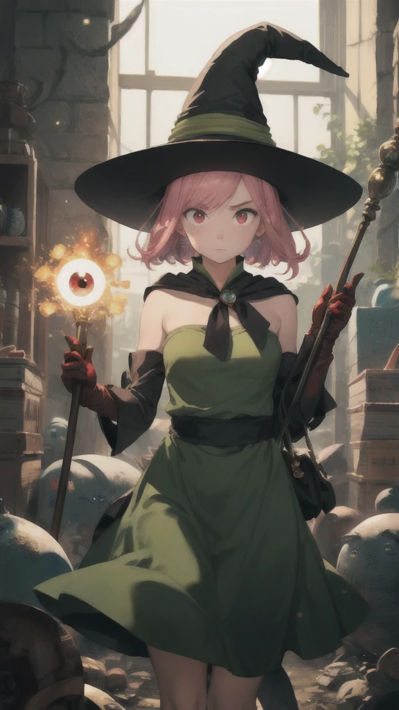 AS-Young V2, (8k, masterpiece, Best Quality, High resolution), Fantasy, cute顔, cute, Very big eyes, Aesthetic anime eyes, Small Face, Wizard \(dq3\), Short Hair, Pink Hair, Red eyes, Large Breasts, witch hat, gloves, green dressオレンジのマント, staff, witch, Contempt, battlefield, Finding, Casting a Spell, Particles of light, wasteland, One girl, Alone,