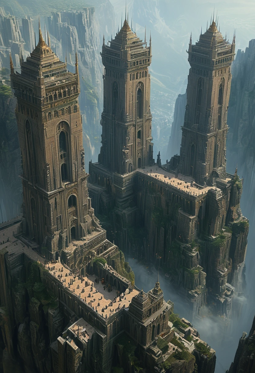 there are three extra huge towers that are built on top of a mountain, elaborate matte painting, extravagant matte painting, high fantasy matte painting, matte painting in fantasy style, sci fi ancient civilization futuristic, exquisite matte painting, highly realistic concept art, fantasy matte painting, symmetric matte painting, 4 k matte painting, amazing exquisite matte painting, stunning matte painting, high quality matte painting, epic matte painting