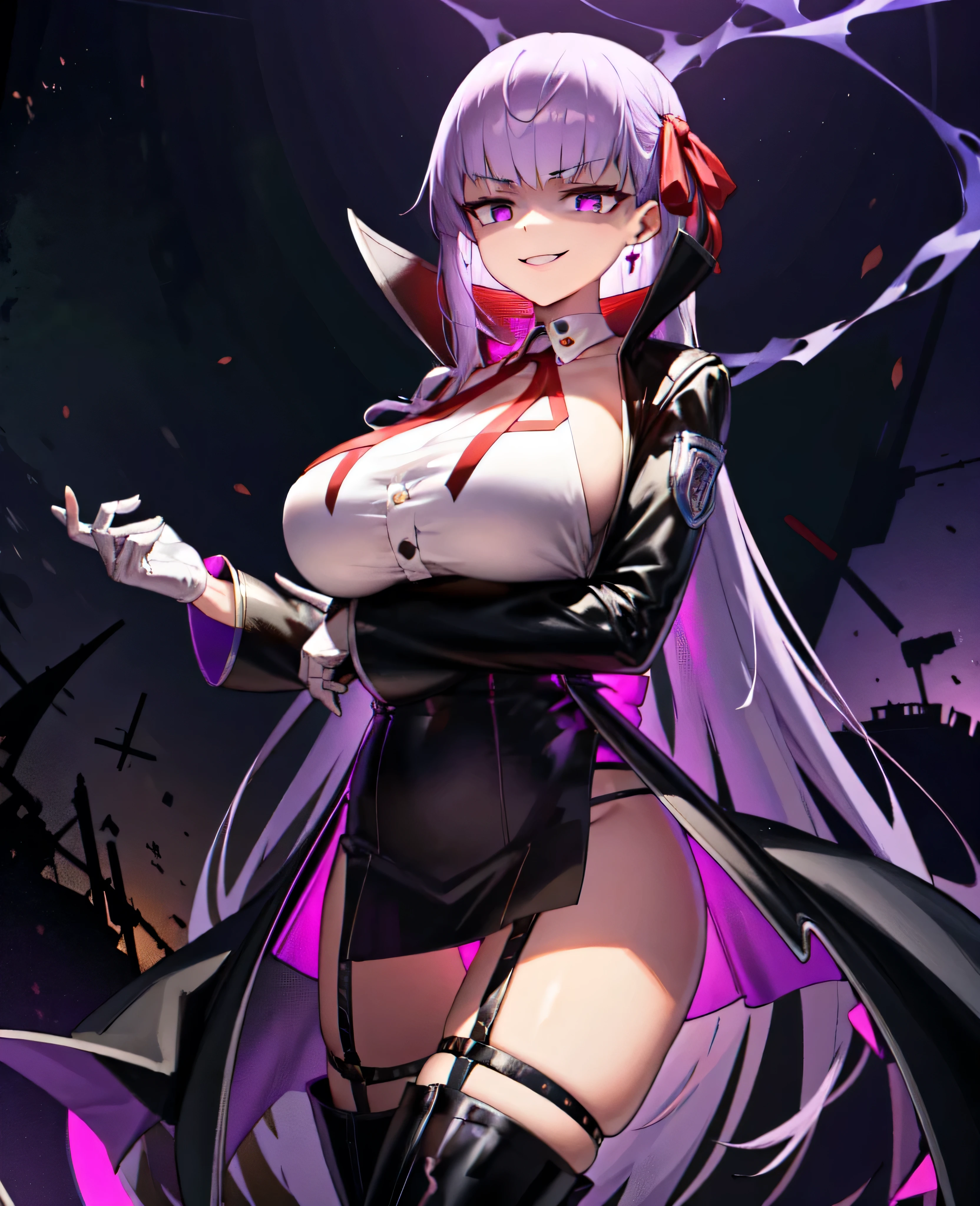  Isoscale, Mid Shot,  night, ,,, Purple Hair, Black jacket, White shirt, Black Skirt, Red ribbon, Big Breasts, Purple eyes, White gloves, Long Hair, Large collar, Wicked Smile,,shiny thigh high boots,(Wicked Smile:1.3),Highly detailed CG Unity 8k wallpaper, Perfect lighting,,Looking down at the viewer,,Anxious smile,Deep Dark World Background,Dark shadowed face(Eyes in the shadows),Alone,Yandere,latex,masterpiece, Highest quality, High resolution, One Person,View your viewers,look down,,Embodiment of evil,two hands,Two legs,five fingers,ruins,purple aura,beautiful body,beautiful hands,beautiful face,beautiful fingers,beautiful legs,perfect body,perfect hands,perfect legs,perfect fingers,perfect hair,purple lightning,dark atmosphere,A Veil of Ominous Shadows,Gloomy ruins,A horrific hell