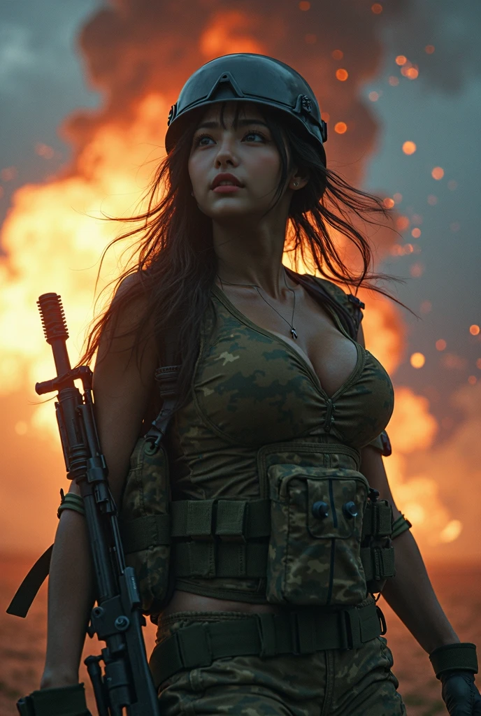 Photo-realistic, ultra-realistic, (very beautiful Japanese, famous Japanese idol:1.3), (Fully equipped for battle:1.5), m4a1 large assault rifle, (amazing view of massive explosion:1), (painful impressions, crying:1.3), (wearing an army soldier's Camouflage outfits with military helmet:1.5), (at a battle field of Abandoned Building at night), very large breasts, (tactical vest, military harness:1.3), (military long boots:1), dynamic angle, spectacular, (injured, lying on a stretcher:1.3), (muddied, damaged wears, damaged body:1.3),