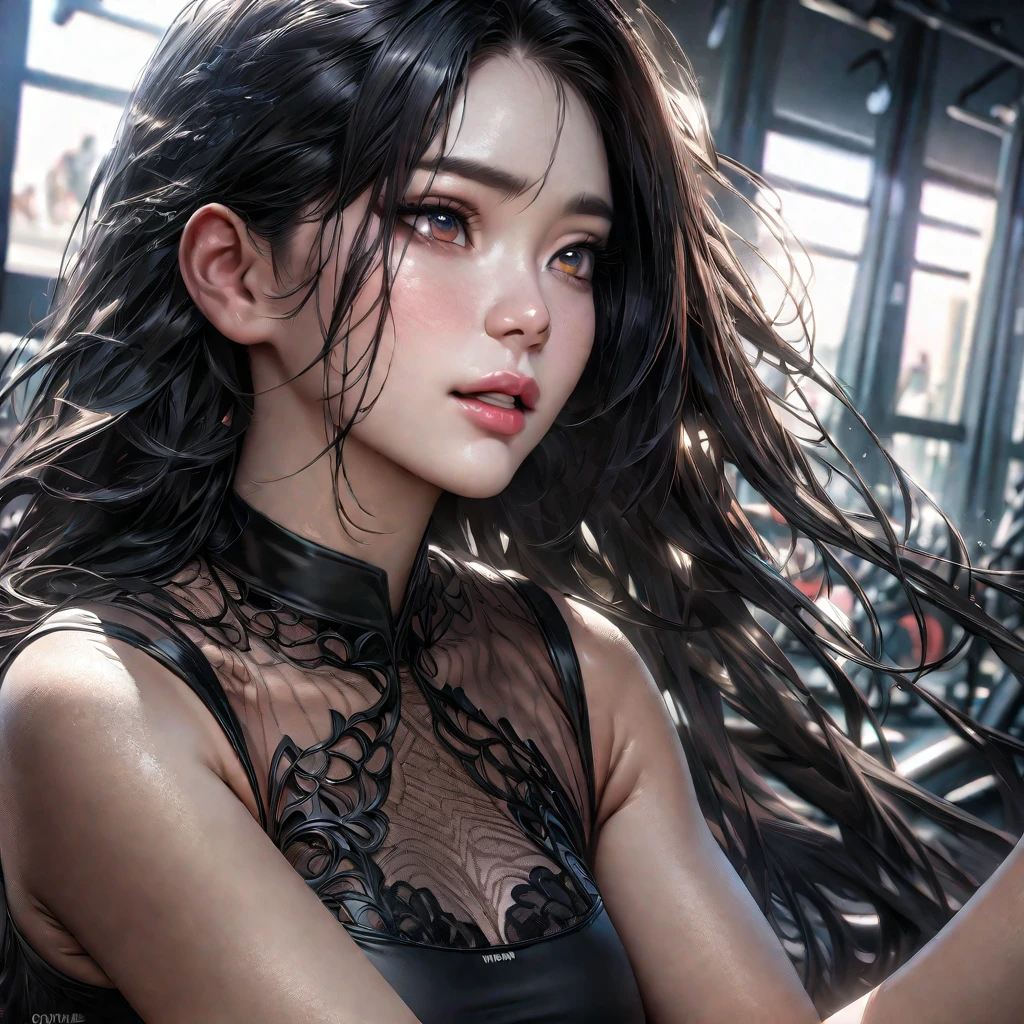 A beautiful Korean (8k, HDR, UHD, expressive eyes, extremely intricate details,  hyper-realistic,  high quality). In a short black skirt (intricate details),  a very sensual transparent top( intricate details), flowing black hair, makeup (intricate details).at the gym working out (intricate details). He&#39;s working out his legs (hyper-realistic, intricate details).her short skirt shows her transparent panties while she is working out her legs showing the entire contour of her vagina(intricate details, extremely detailed). The young woman shows all her sensuality and youth (intricate details). She is sweating and her top is wet showing the full outline of her breast (intricate details, hyper-realistic, extremely intricate details). Style "Anime 8K" (extremely intricate details), HDR, UHD, full body (hyper-realistic, extremely intricate details, background ( vibrant colors, intricate details, extremely detailed, incredible details,  32K), expressive eyes (intricate details, bright), detailed character illustrations (intricate details), photorealistic, intricate details, hyper-realistic,extremely intricate details, highly detailed, vibrant colors. 