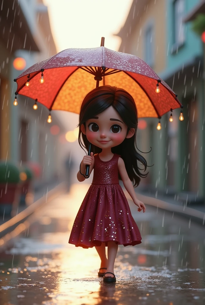 Night time,Beautiful girl with wavy long hair big eyes and small nose have 5.2 inches hight, bohemian dress, holding a umbrella in rain and showing it to the viewer