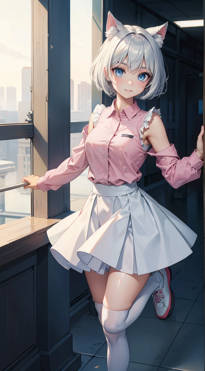 Comic style,High-quality characters,4k,1个Giant Breast Girl,exquisite facial features,Very white skin,Skinny body type,Thin legs,Thin leg,All-round light,Back view,up-close,Small chest,Silver medium hair,Double ponytail hairstyle,By bangs,Delicate hair accessories,cropped shoulders,Clear short-sleeved shirt,Bow tie,Pink and white low-rise plaid pleated skirt,White belt,white stockings,The girl leaned over the glass,Clothes are slightly damp,Be red in the face,Bad smile,Tsundere mischievous type,Outdoor background。