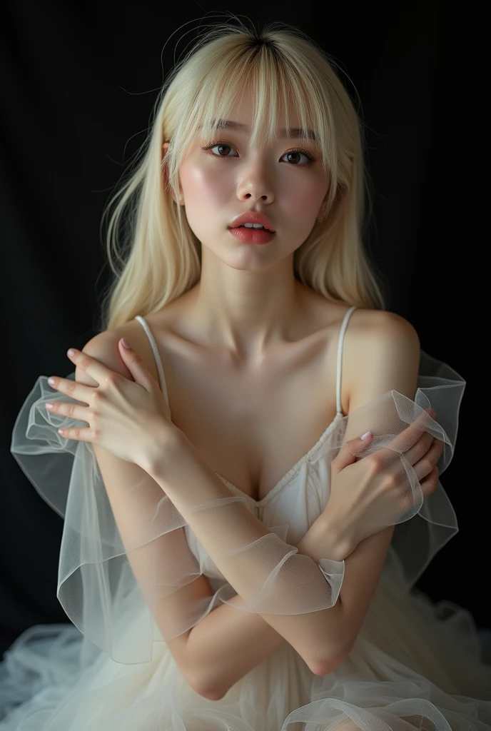 Gorgeus Girl, Beautiful, 20 Years Old, White Skin, Medium Breasts, Side Pose, ((Sexy NightGown)), Pastel Colour, Blue Eye, Halloween Background, Masterpiece, wavy Hair, Sleeveless, Hands Beside Hips, ((Side Angle))