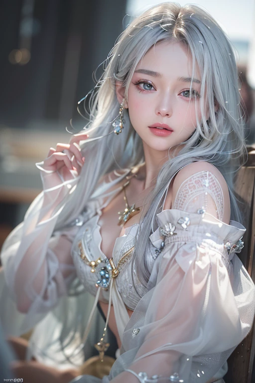 Scene portrait、Beautiful Skin、Beautiful eyelashes、High level of image quality、1 girl，Upper part of the body，on the thigh，(lace transparent)，Attractive、darker lighting、Silver hair、Hair blowing in the wind、shortcut、Later、ponytail、Smile、Show your whole body、All around 20 years old、Ren Hao、(8k、Original Photography、Top quality、masterpiece:1.2)、Ultra Detailed、Super Resolution、(Surreal:1.4)