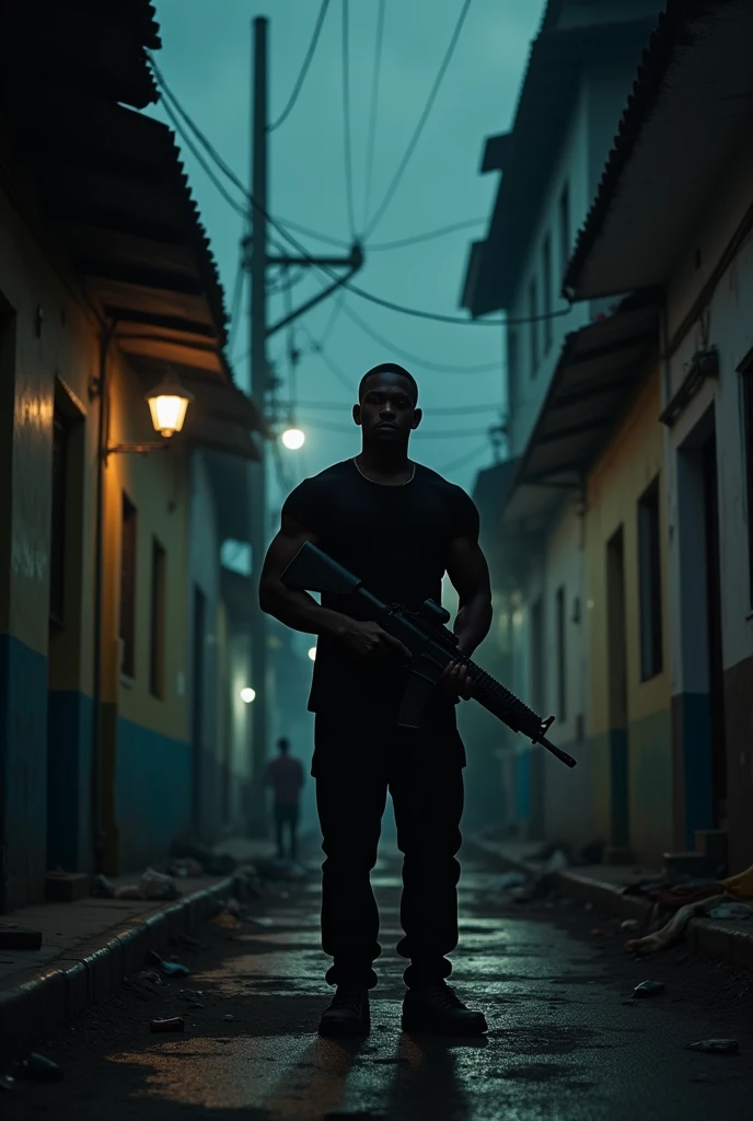 White man in suit with blood, with a black hat with the background of Rio de Janeiro