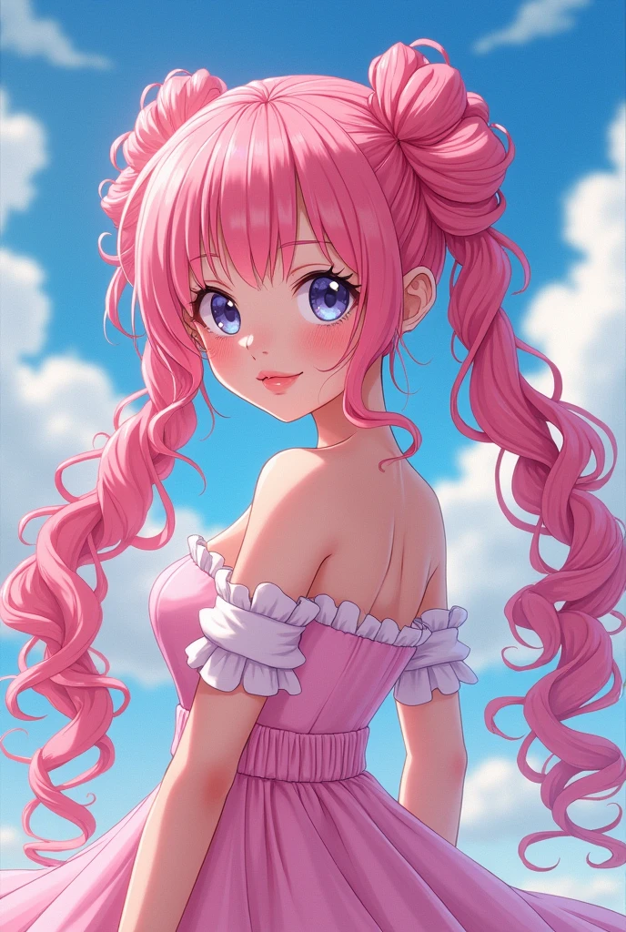 Dancing under the backdrop of the midsummer morning sun、Pink Hair、Amethyst Eyes、Gentle smile like a goddess、Slender Body、Blue frilly dress、one piece