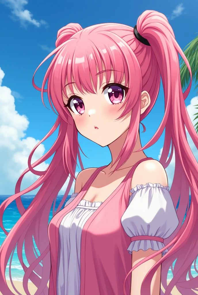 masterpiece, best quality, ultra-detailed, illustration, 1girl, (upper body:1.4), (looking at viewer:1.4), bikini, beautiful detailed eyes, beautiful detailed glow, lots of glow, seascape, beach, sand, lala satalin deviluke, selfie, green eyes, hair pin