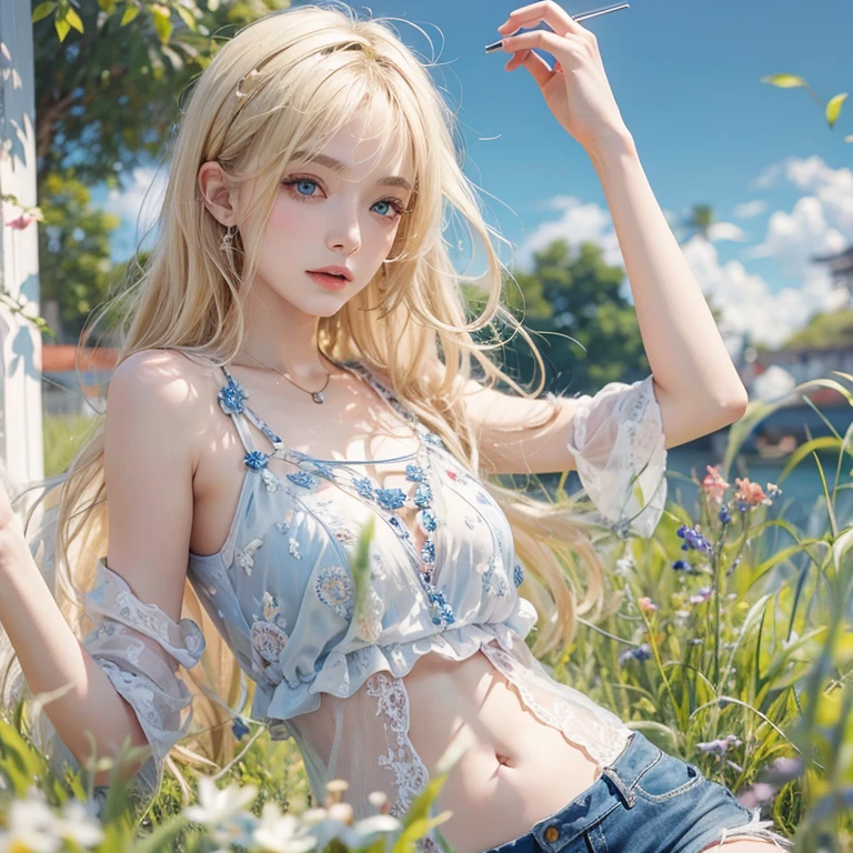 masterpiece: 1.2, Portraiture, Highest quality), Realistic, (Live Action, Intricate details, Written boundary depth), Highest quality, masterpiece, Attention to detail, semi-Realistic, Sleeping on the grass, shy, 21 years old, Short blonde, blue eyes, blonde、 Slim figure、Shoulder Bare、Shorts 、Blue sky and a few clouds、Rolling on the lawn