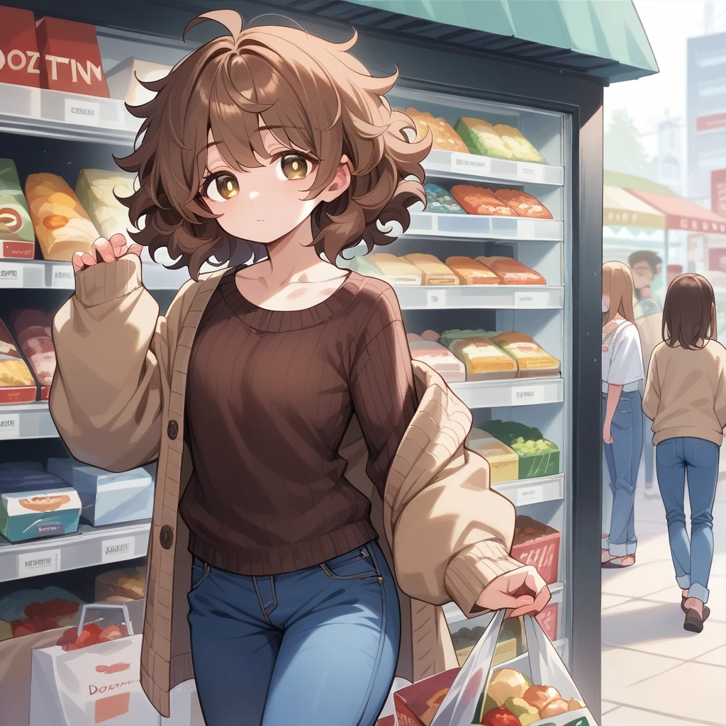 ((appearance:Brown Hair＿Shoulder-length hair＿Fluffy Hair＿Brown eyes reflecting the light＿Droopy eyes＿Thin outline＿Married Woman＿Normal chest)、(clothing;A loose light brown cardigan＿Dark brown sweater＿Blue jeans pants))。Shopping with my  daughter、(place:Stonework＿Around town＿market)、(A soft anime-style touch＿high quality＿detailed＿Score_9， Score_8_superior， Score_7_superior)