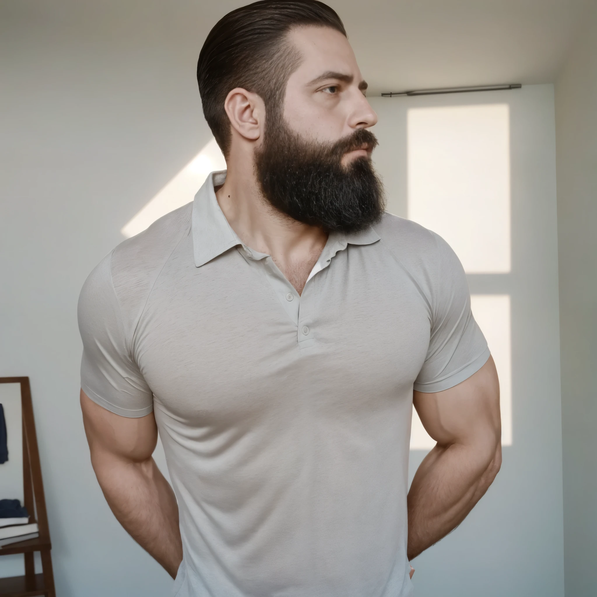 a white man, muscular, 3, with a defined beard, bring to the fore, wearing a fitted wine-colored shirt that enhances her athletic figure. The stage is modern and minimalist, with large windows that allow the entry of soft natural light, highlighting the contrast between the shirt and her light skin. the camera, at a high angle, captures his face with a serious expression and the defined contour of his torso. Subtle shadows cast on her shirt emphasize the fabric&#39;s texture and deep color., while the clean and sophisticated environment complements its elegant bearing.

