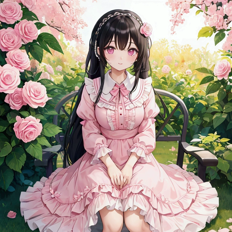 Anime style, modern, pastel colors,High resolution, 
Beautiful woman(Pink eyes,)(bright eyes, )
((Hair style)) (Long hair, ) (Black hair, ) ((Hair accessories, ))
(มงกุฎPink Rose) clothing (White shirt)
((There are ruffles at the collar and sleeves.)) (pink skirt)
Put on your shoes and take a walk in the rose garden.(Pink Rose)
There are rows of roses in front of the woman.