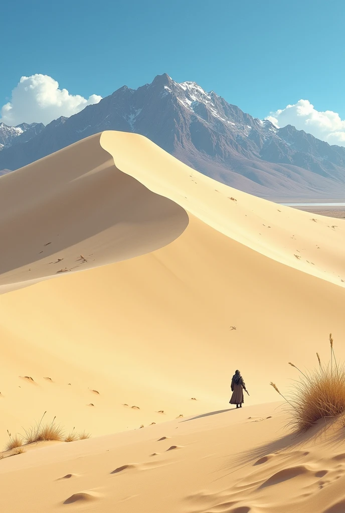 masterpiece, RAW photo, best quality, realistic, photo-realistic, an extremely delicate and beautiful, concept art, fantasy, cinematic angle, depth of field, blue sky, daytime, majestic clouds, bedhead hair, a female, 23 years old, traveller, wasteland, Desert, cloak, turban, robe, walking, (sandstorm), face focus, dynamic angle, madeon