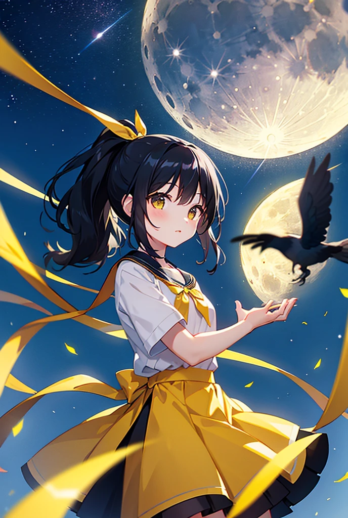 1 black-haired girl, ponytail, yellow skirt, yellow ribbon, looking at the viewer, moon, night, outside, masterpiece, accurate