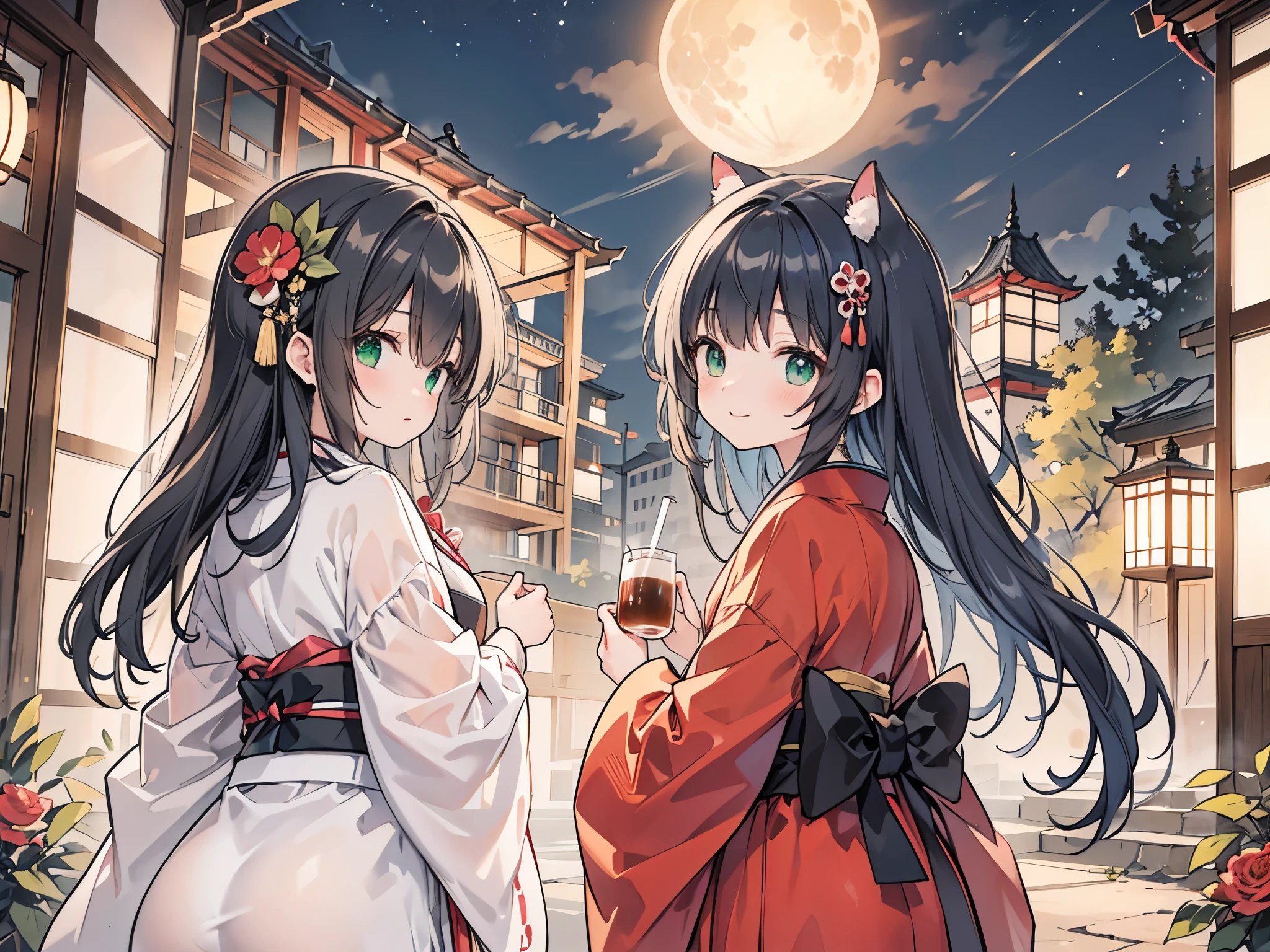 ((Best Quality, 8k, masterpiece: 1.3)),people間の***,１people,１peopleで,((Petite,Glamorous Body,Curvy)),cute,Happy expression,((Black Hair)),Long Hair,Beautiful emerald green eyes,Put rabbit ears on your head,Rear view,Wearing the twelve-layered kimono,Tsukimi,Bright night sky,Fifteenth Night,Big full moon,Offerings,A vase with a thin flower,Tsukimi団子,Drinking tea happily,