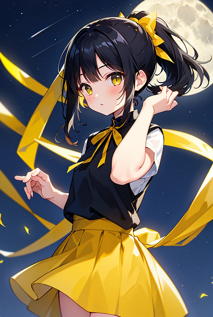 1 black-haired girl, ponytail, yellow skirt, yellow ribbon, looking at the viewer, moon, night, outside, masterpiece, accurate