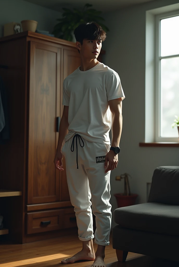 21-year-old male,with fair skin,Very loose white turtleneck robe,Technological equipment,gray pupil,Alien,Gray sky,Gray-green plants,Cube building,full bodyesbian,standing on your feet