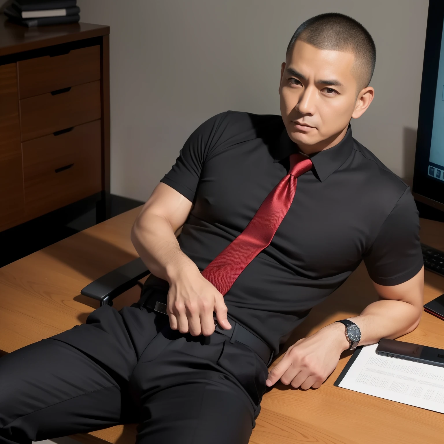 450 years old,Hidetoshi Nakata,(Kogoro Mouri 1.3),Shirtless,Tong,Bulge,office room,black long socks,Thin,musculature,lbeard,fortitude,artwork of a,tmasterpiece,k hd,Tong,lace panty,irate,leg wide open,Business suit