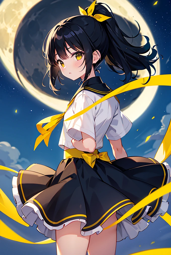 1 black-haired girl, ponytail, yellow skirt, yellow ribbon, looking at the viewer, moon, night, outside, masterpiece, accurate