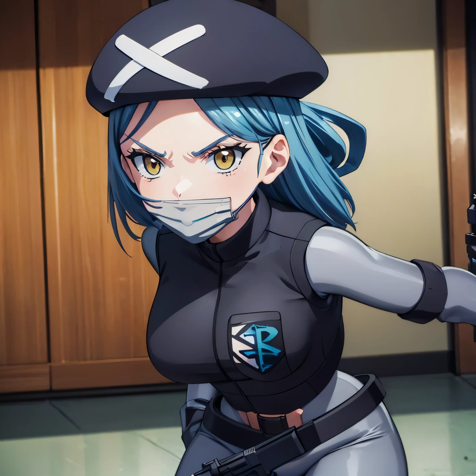 pkmntpg, (insanely detailed, beautiful detailed face, masterpiece, best quality), ((masterpiece)),((best quality)),(highres), bokeh, looking at viewer, solo, 1girl, cowboy shot, ((beret, grey bodysuit, vest, belt, mouth mask)), large breast, huge breast, himari azuma, long hair, hair rings, blue hair, yellow eyes, (((holding gun, gun))), (((full body)))