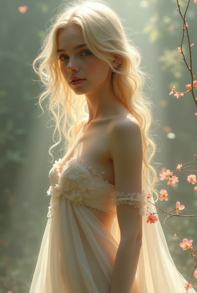 Art Photo of a beautiful blonde woman , emphasizing the stunning proportions of her body . She covers her body with a see-through white cloth to conceal it ,The atmosphere is a flower garden, soft sunlight, soft, soft light tones, taken with a film camera ,half body shot ,Depth of Field ,dust bokeh