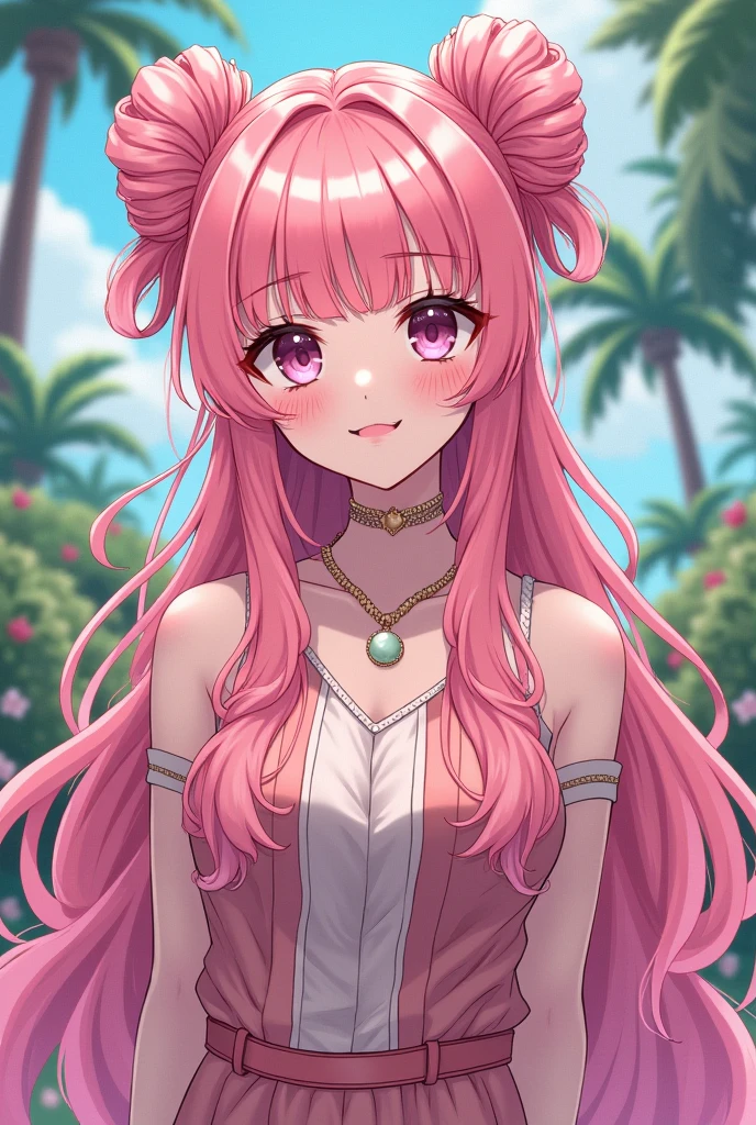 4k, high quality, colorful, super detailed eyes and face, 1female, young adult, , (dark skin:1.2), pink hair, ((wavy hair:1.3)), looking at viewer, chic dress, action pose , looking at viewer, upper body , sky, flowers,