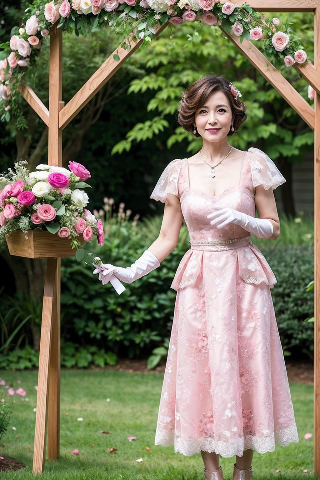 ((Masterpiece)), ((Best Quality)), A middle-aged short-hair woman, ((She is wearing an ornamental light blue floral satin wedding dress)), She is wearing gloves on her hands., outdoor, She is in a garden. She is wearing a big necklace.