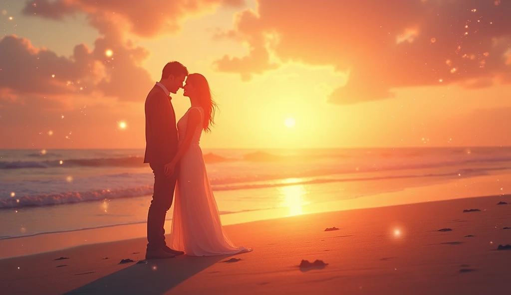 A couple stood on a wooden pier by the seaside at dusk, hugging each other and kissing, with the calm sea and warm sunset in the background. Creates beautiful color gradients. There are many seagulls flying in the sky, their silhouettes illuminated by the soft sunset