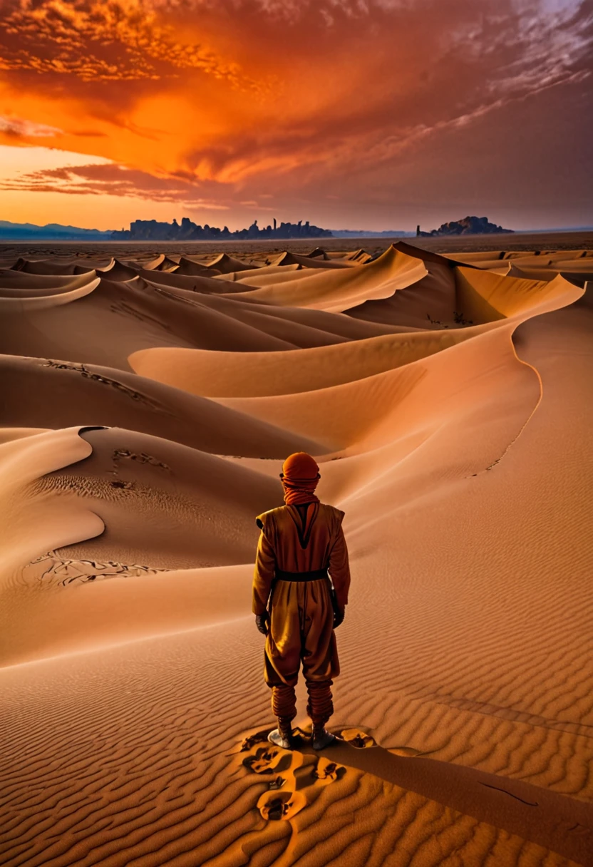 An award-winning colour photograph of an arid desert landscape on Arrakis, with sand dunes stretching to the horizon, and an orange sky fading into the distance. In the center of the image, a solitary figure of a Fremen, dressed in a stillsuit, who looks towards the horizon with a mixture of determination and despair. Inspired by the works of Frank Herbert and Jean Giraud (Moebius), with a style that combines elements of science fiction and surrealism. 24mm, f/5.6, ISO 100.