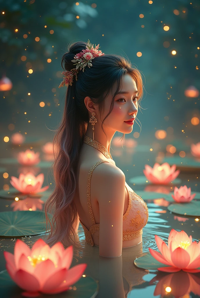 Kneeling in a lotus pond, lots and lots of lotus flowers, art depicts a charming woman in a flowing, silky traditional oriental dress in pink, tight translucent trousers, decorated with intricate patterns and bright colors. Her dress drapes elegantly over her curvy figure, accentuating her seductive silhouette. She knelt gracefully by the tranquil lotus lake, bathed in the soft glow of the moonlight. The scene exudes an ethereal and dreamy atmosphere, with a touch of mystery and sexiness. The graphic style blends watercolor and digital illustration techniques to evoke a refined beauty and charm. The lights are filled with soft moonlight, casting soft highlights and shadows on her charming features. Bare thighs, wearing tight translucent pants, large breasts, three-dimensional facial features, kneeling, upturned legs, side braids