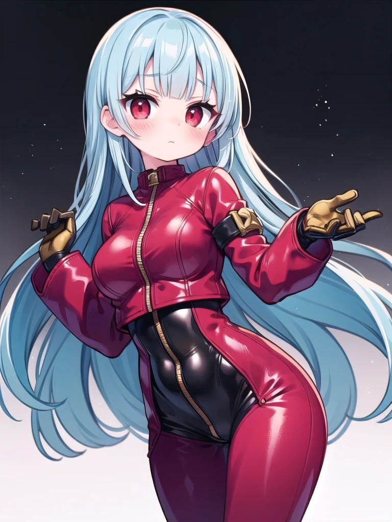 1girl, solo, masterpiece, best quality, perfect hands, blush, closed mouth, AE3803, ice blue hair, very long hair, straight hair, blunt bangs, red eyes, cowboy shot, dark red tight leather jacket, dark red tight leather pants, ice magic, gloves