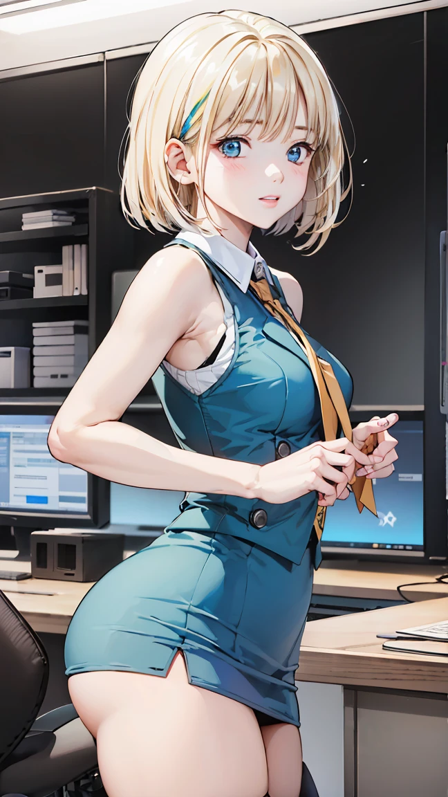 (Mid Shot:1.5), (Shrapnel:1.3, At the office:1.5), Best Quality, 非常にdetailed, detailed, High resolution, 8K wallpaper, 美しいdetailed教室, Sexy Face, Face of joy, The face of someone at the peak of sexual arousal, An expression that describes the feeling of being emotionally touched, (Professional Lighting, Light on the face), ((One Girl)), Sexy ass:1.5, Perfect slim body, ((blonde, Shoulder-length bob hair, Short Hair, Side Lock)), Office Uniforms, Office Vest, Micro Mini Skirt, ((Pastel blue uniform)), View your audience,



